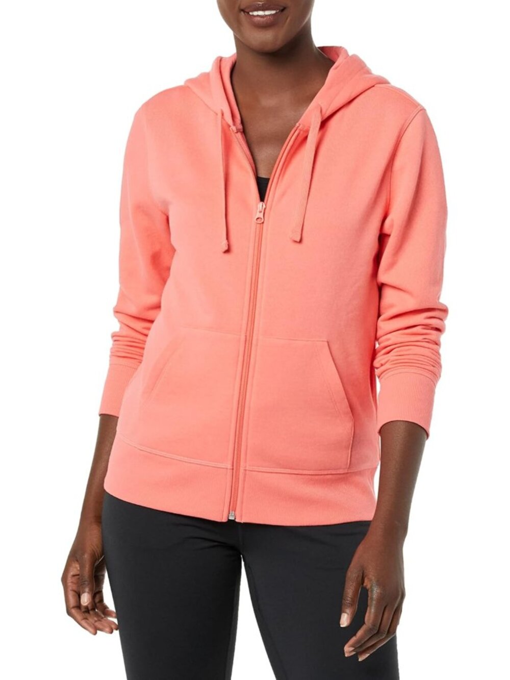 Women Coral Pink French Terry Fleece Midweight Full Zip Hoodie With Drawstring